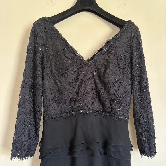 Women's Tadashi Collection Black Lace Tiered Midi Dress Size 6 - Picture 9 of 14